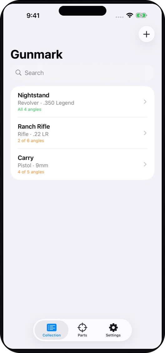 Gunmark Collection tab listing three sample firearms with photo completeness for each