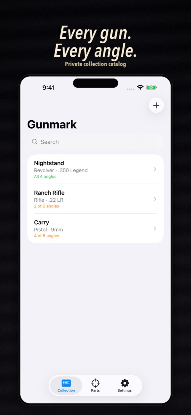 Gunmark Collection tab with three sample firearms