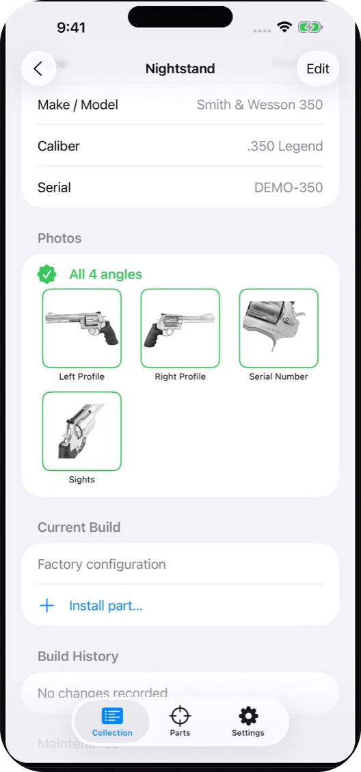 Gunmark firearm detail showing build history and attached documents