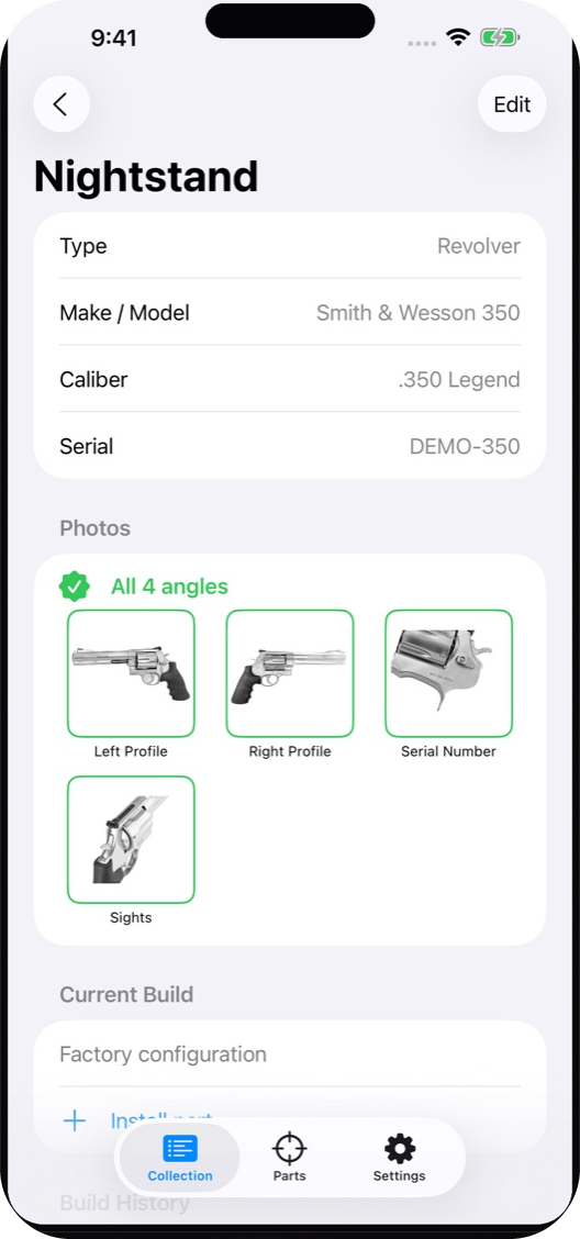 Gunmark firearm detail with a guided photo checklist and a green all-angles badge