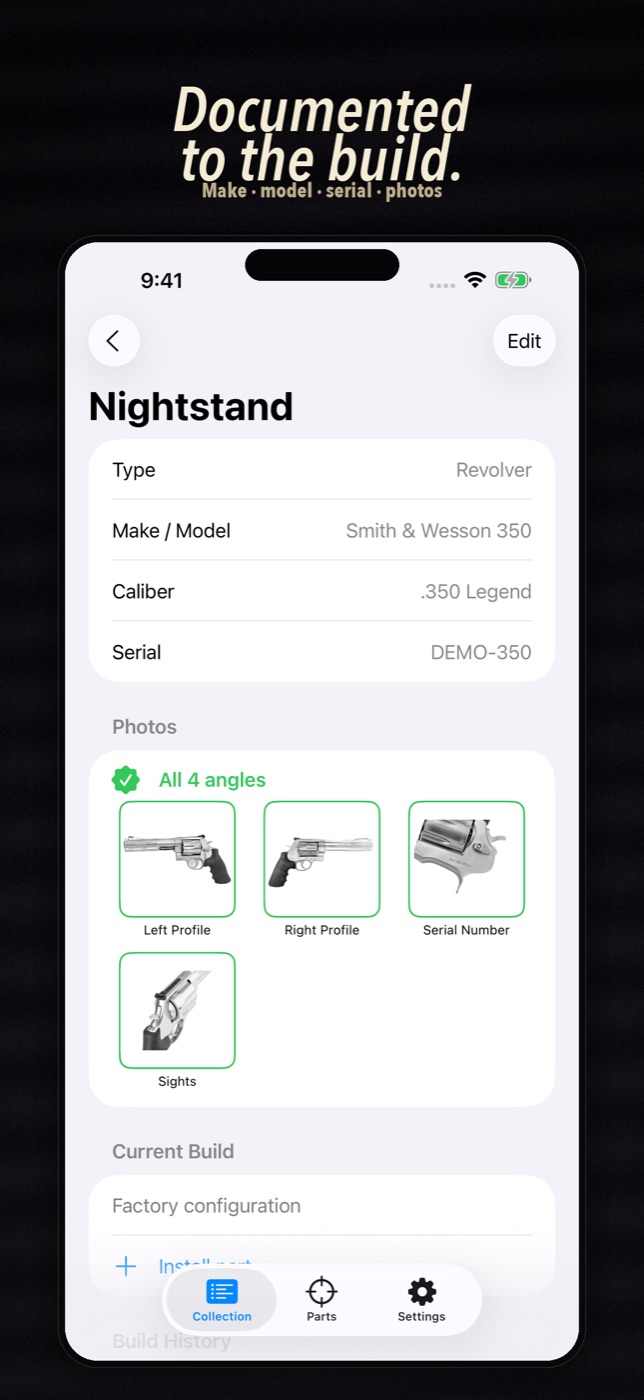 Gunmark firearm detail showing the photo checklist with all angles complete