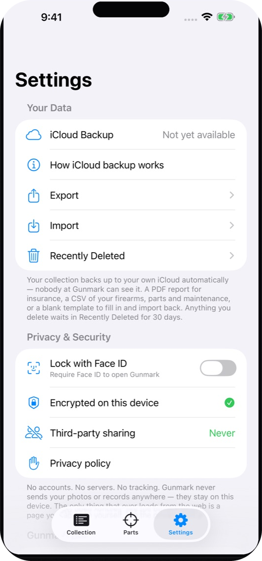 Gunmark Settings with Face ID lock, export, import and Recently Deleted