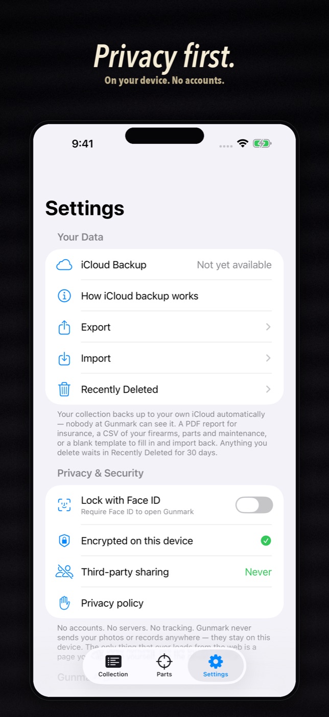 Gunmark Settings with the Face ID lock, export, import and Recently Deleted
