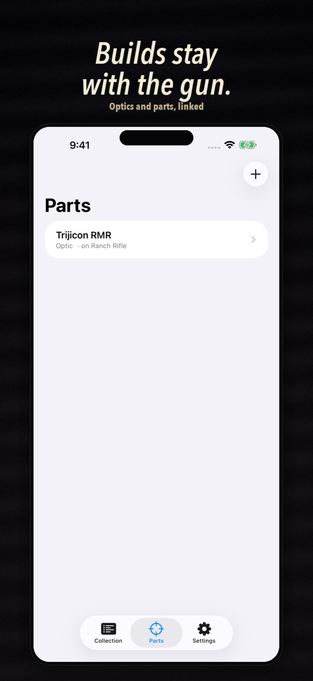 Parts list showing a Trijicon RMR linked to Ranch Rifle.